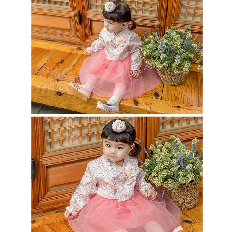 Leila Traditional Korean Everyday Wear Daily Cotton Floral Dress Hanbok for Girls