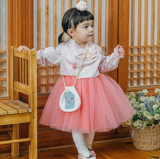 Leila Traditional Korean Everyday Wear Daily Cotton Floral Dress Hanbok for Girls